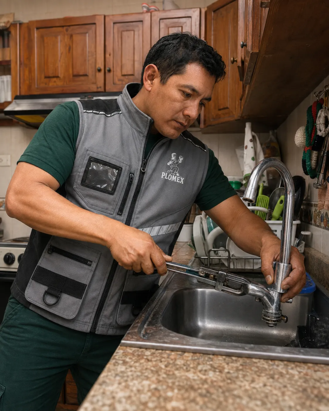 Técnico de PLOMEX reparando una grifería de cocina.
