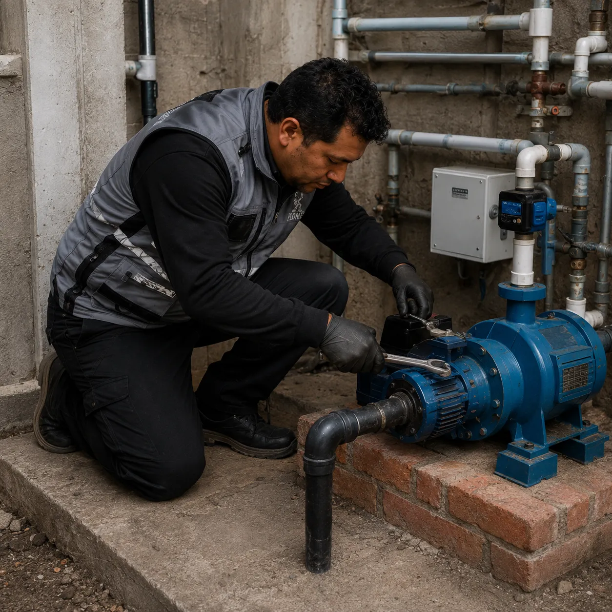 Técnico de PLOMEX ajustando una bomba de agua conectada a un sistema de tuberías.