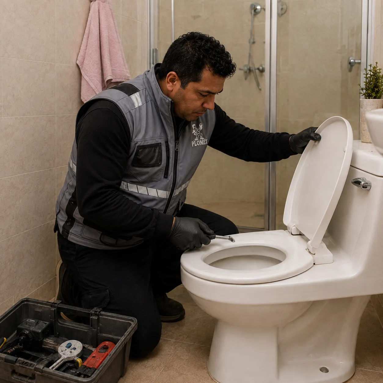 Técnico de PLOMEX revisando un sanitario con herramientas en un baño.