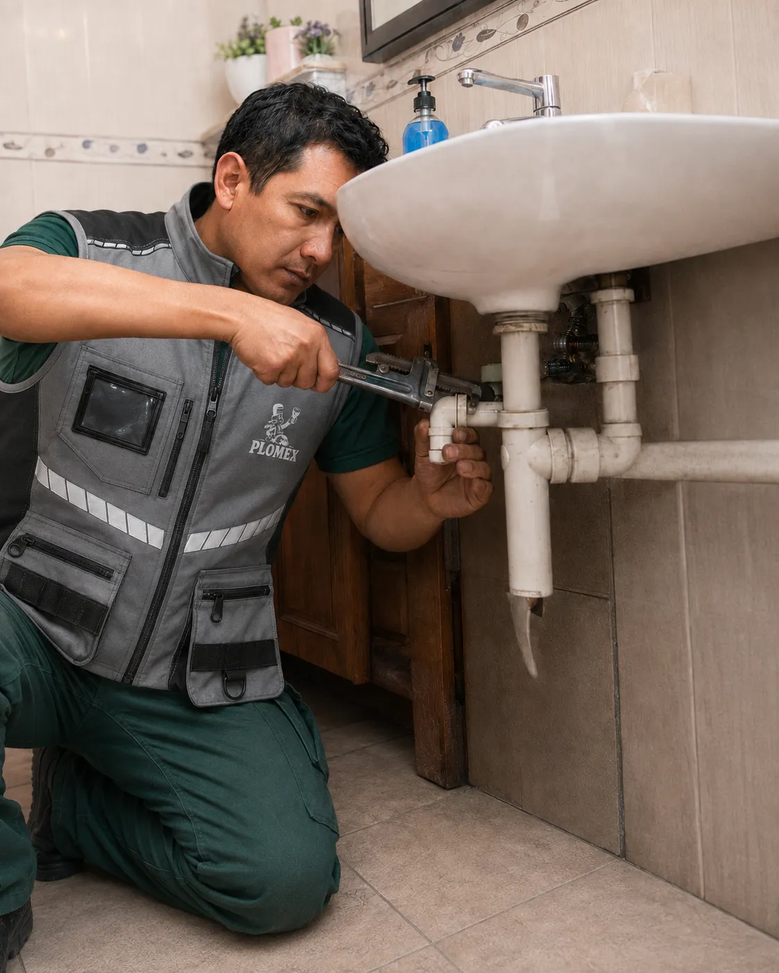 Técnico de PLOMEX ajustando las conexiones bajo un lavamanos.