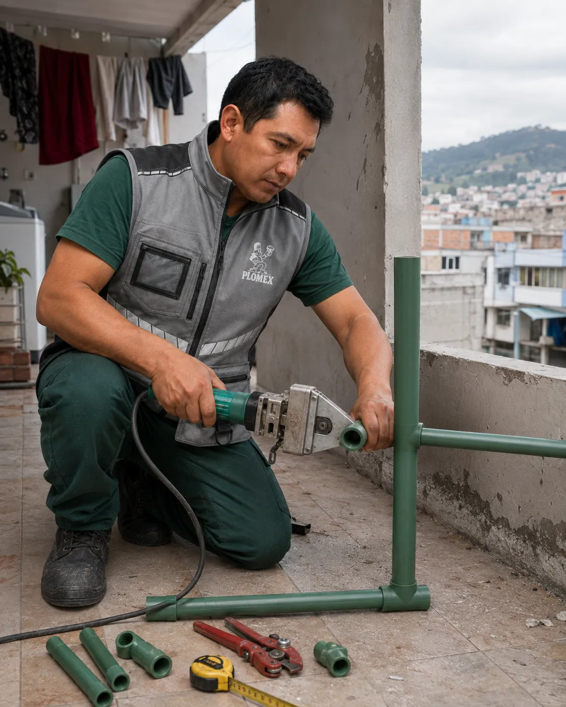 Técnico de PLOMEX uniendo tuberías de termofusión en una terraza.